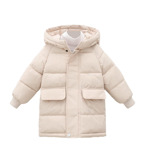 Edvintorg Kids Winter Coats 2025 Solid Color Hooded Thick Mid Length Padded Jacket with Zipper Outdoor Casual Warm Outerwear School Jackets 2-12 Years