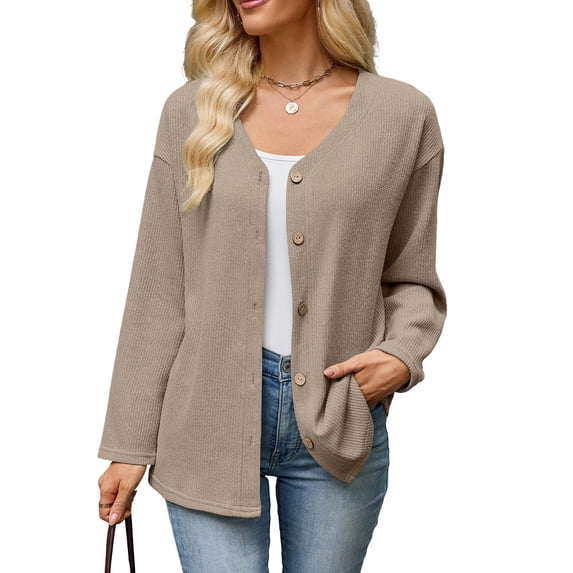 Edvintorg Knit Cardigans for Women V Neck Long Sleeve Loose Casual Button Down Cardigan Women's Clothes Coffee S-2XL