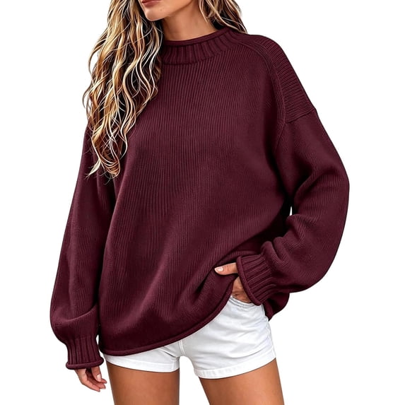 Edvintorg Knit Sweater Women Loose Casual Pullover Top Long Sleeve Crew Neck Soft Blouse Plus Size Womens Clothing Wine S-3XL