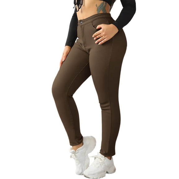 Edvintorg Leggings with Pockets for Women Winter Fleece Fitness Casual Pants Solid Color Elastic Waist Leggings Trousers Coffee M