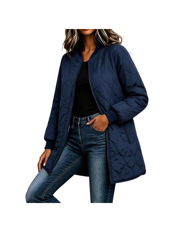 Light Weight Jackets Womens Zipper Cotton Padded Coat Long Sleeve Streetwear Casual Winter Long Outerwear with Pockets