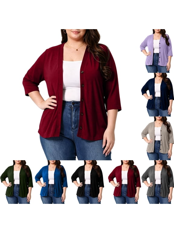 Lightweight Cardigans for Women Classic 3/6 Sleeve Open Front Button Down Cardigan Plus Size Tops Fashion Clothing