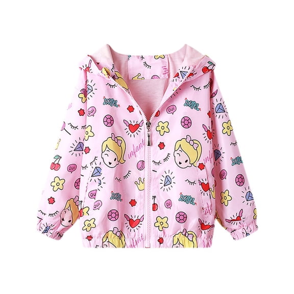 Edvintorg Lightweight Jacket for Girls Kawaii Cartoons Printed Long Sleeve Casual Windbreaker Hooded Coat Jackets Kids 3-9 Years Children Outerwear with Zipper