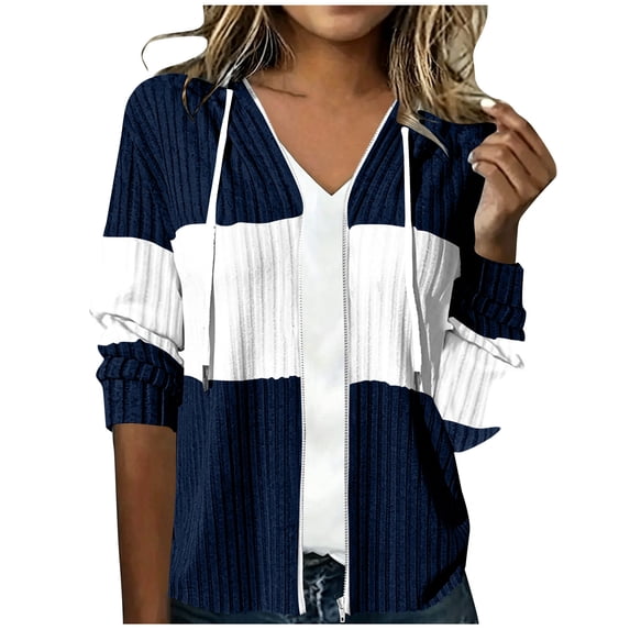 Edvintorg Lightweight Jacket Women Color Block Long Sleeve Zip up Sweater Coat Fall Winter Drawstring Hooded Outerwear Women's Clothes S-2XL Navy