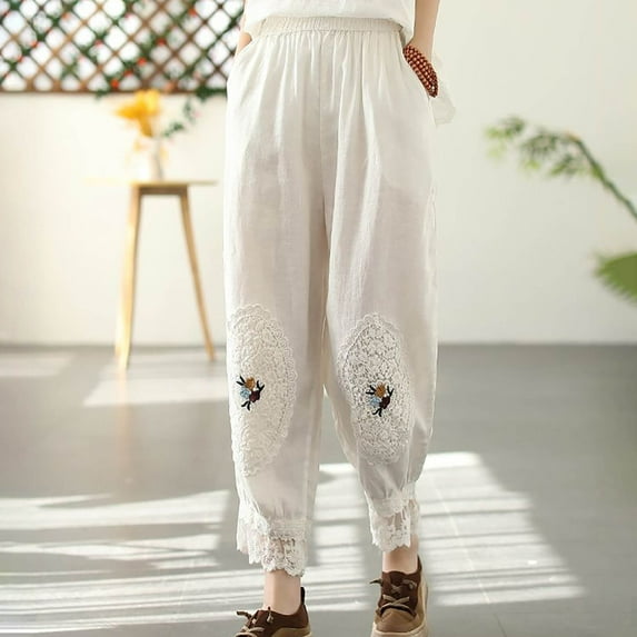 Edvintorg Lightweight Pants for Women Casual Summer Elastic High Waist Cotton and Linen Pants with Pockets Vintage Plus Size Sweatpants Women White M