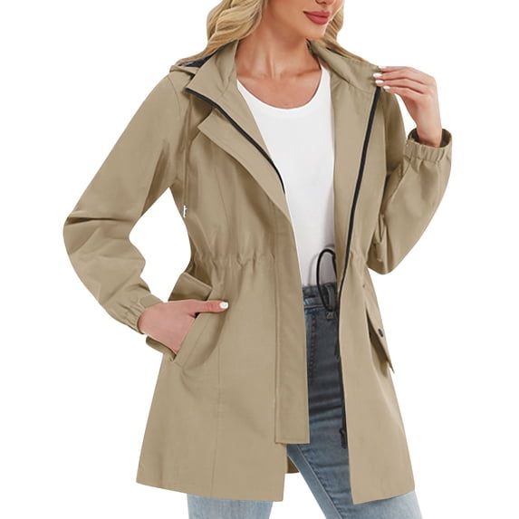 Edvintorg Lightweight Rain Jacket Women Waterproof Long Sleeve Casual Zip Up Hooded Raincoat with Pockets Womens Clothes Khaki M