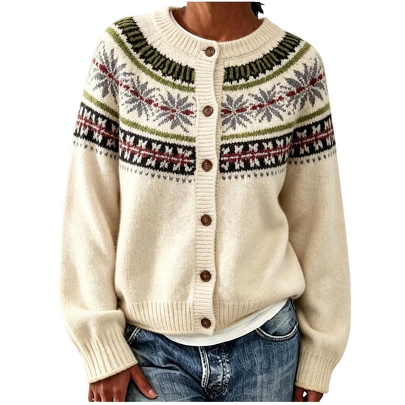 Edvintorg Lightweight Sweaters for Women Fair Isle Open Front Sweater Cardigan Long Sleeve Crew Neck Casual Knit Top Plus Size Clothes for Women Beige S-3XL