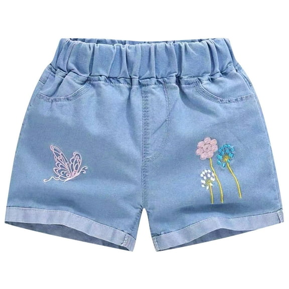 Edvintorg Little&Big Girls Summer Casaul Denim Shorts Elastic Waist Embroidered Flower Jeans Shorts with Pocket 3-11 Years