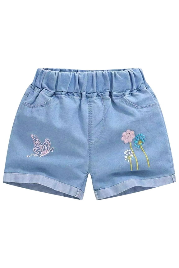 Little&Big Girls Summer Casaul Denim Shorts Elastic Waist Embroidered Flower Jeans Shorts with Pocket 3-11 Years