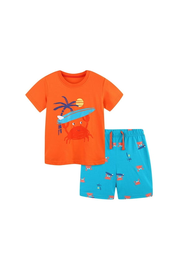 Little Boys Clothes Cute Cartoons Printed Short Sleeve Cotton T-Shirt and Elastic Waist Shorts Sets Loungewear Summer Beach Outfit Clothes 2-8 Years