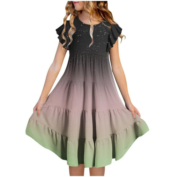 Edvintorg Little Girl Dresses Summer Fashion Gradient Printing Short Sleeve Ruffle Dress Beach Casual Dresses 6-15 Years Teenage Girls Clothing