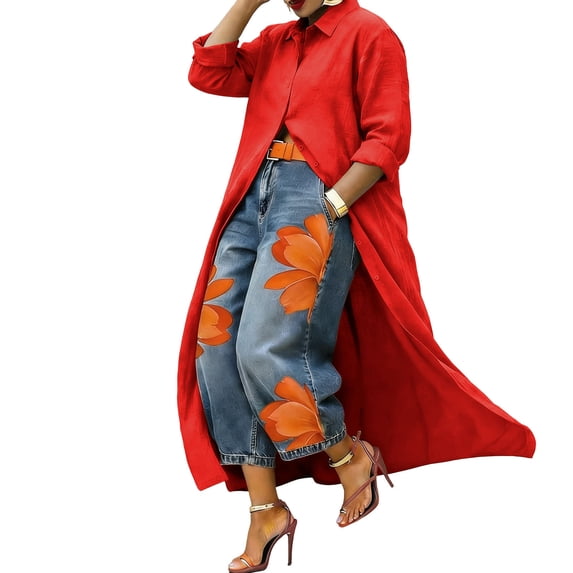 Edvintorg Long Cardigans for Women Plus Size Long Sleeve Turndown Collar Button Down Cardigan Womens Clothes S-5XL Red