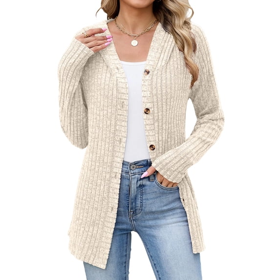 Edvintorg Long Cardigans for Women Solid Color Long Sleeve Button Down Knit Cardigan Fall Open Front Cardigans Sweater Women Clothing S-2XL Beige