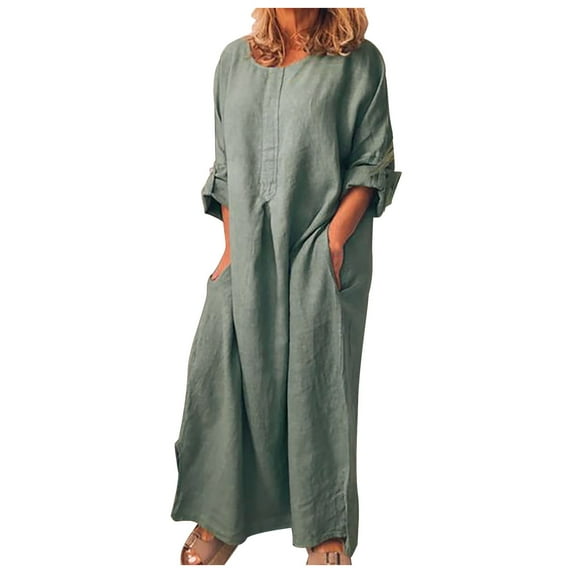 Edvintorg Long Casual Summer Dresses Fashion Women Summer Casual Full Sleeve O-Neck Solid Linen Long Dress