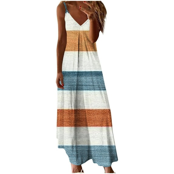 Edvintorg Long Dresses for Women Patchwork Printing V-Neck Camis Sleeveless Casual Fold Maxi Dresses Summer Vacation Dresses for Women 2025