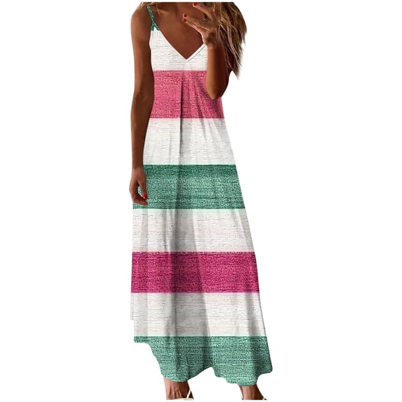 Edvintorg Long Dresses for Women Patchwork Printing V-Neck Camis Sleeveless Casual Fold Maxi Dresses Summer Vacation Dresses for Women 2025