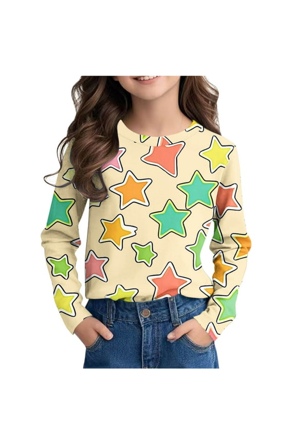 Long Sleeve Shirts for Girls Cute Star Printed Crewneck Tops Fall Winter Casual Dressy Blouses Shirts 3-14 Years Teenage Girls' Clothing