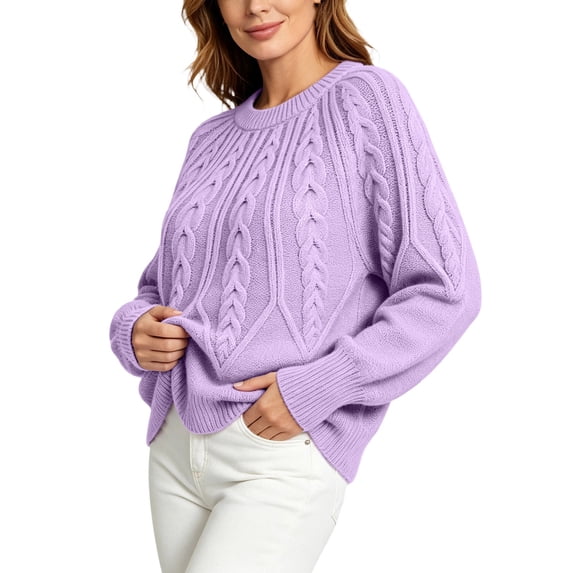 Edvintorg Long Sleeve Sweaters for Women Crew Neck Casual Pullover Knit Sweater Cropped Top Womens Clothes Purple L