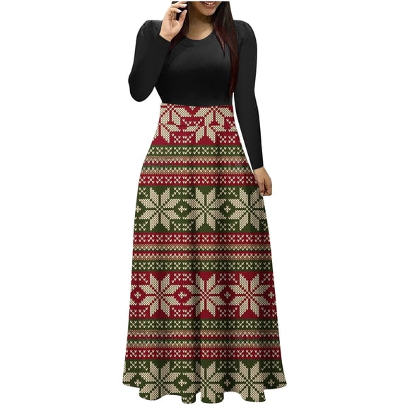 Edvintorg Long Sleeve Wedding Guest Dress Clearance Women's Christmas Printed Round Neck Long Sleeved Patchwork Printed Dress Long Skirt