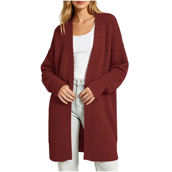 Edvintorg Long Sweaters for Women Plus Size Long Sleeve Open Front Loose Casual Knit Cardigan Woman Clothes Wine S-3XL