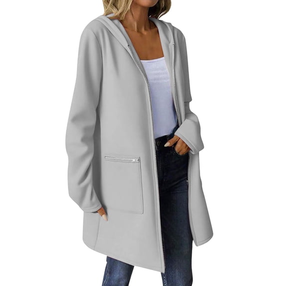 Edvintorg Long Sweatshirt for Women Fashion Solid Color Long Sleeve Zip Up Hooded Coat with Pockets Fall Winter Female Jacket Gray B L