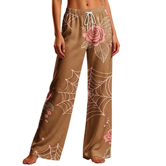 Edvintorg Loose Pants for Women Halloween Printed Elastic Waisted Casual Lounge Trouser Lightweight Wide Leg Soft Pant with Drawstring Womans Clothes Khaki S-2XL
