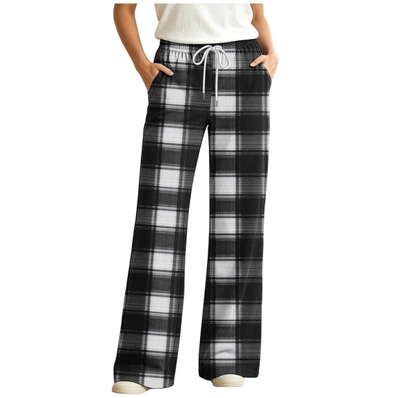 Edvintorg Lounge Pants for Women Elastic Waisted Pajama Pants Plaid Printed Wide Leg Loose Casual Comfy Bottoms with Pocket Womens Fashion Multicolor S-2XL