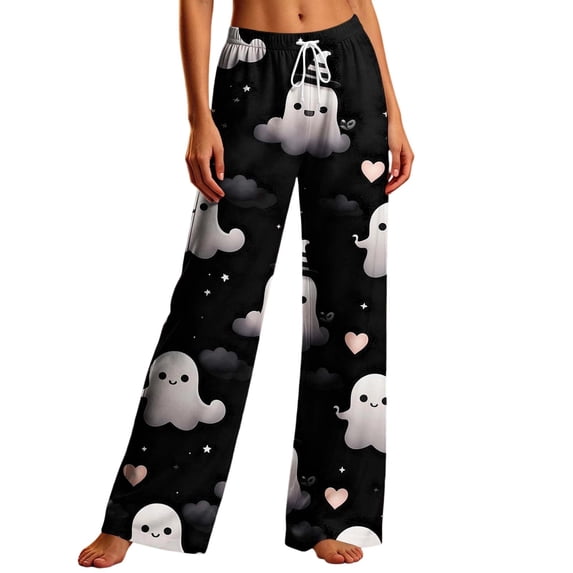 Edvintorg Lounge Pants Women Halloween Printed Loose Trouser Elastic Waisted Wide Leg Pant with Drawstring Womens Clothes Black S-2XL