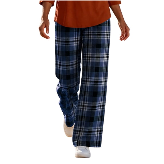 Edvintorg Lounge Pants Women Plaid Wide Leg Trouser Elastic Waisted Loose Casual Pant Fashion Clothing Women Navy S-2XL