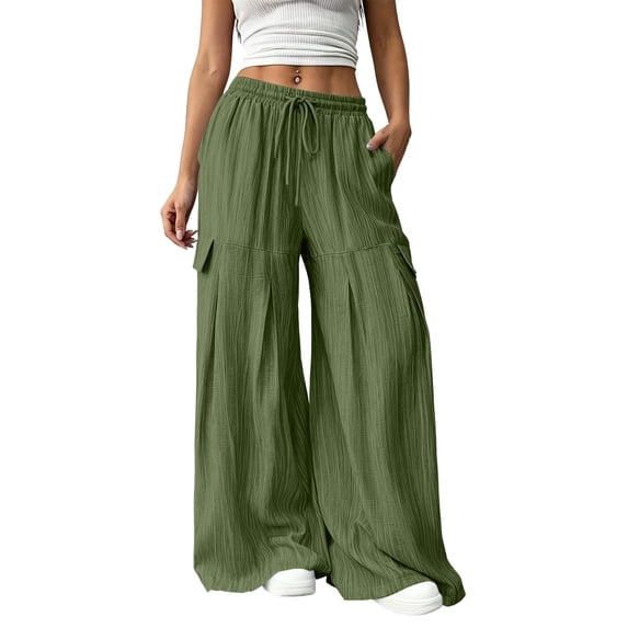 Edvintorg Lounge Pants Women with Pockets Flowy Lightweight Elastic Waisted Loose Cascual Wide Leg Trouser with Pockets Womens Clothes Army Green M