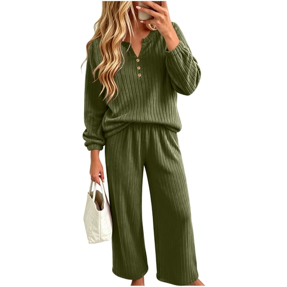 Edvintorg Lounge Sets for Women 2 Piece Pjs Fashion V Neck Long Sleeve Knit Top and Pant Ribbed Pajamas Casual Sleepwear Women Clothing