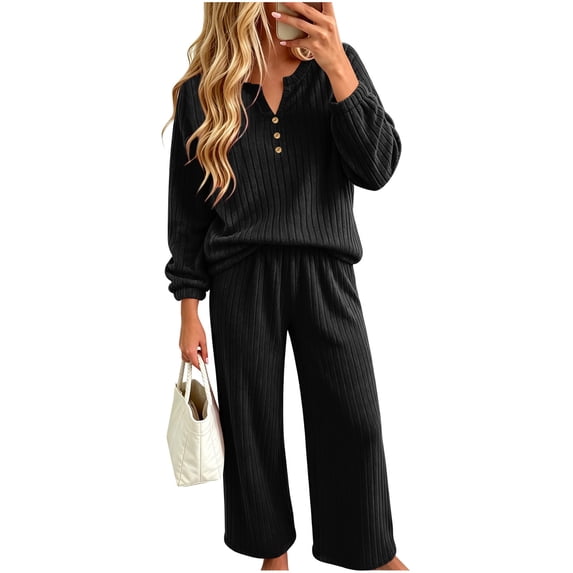 Edvintorg Lounge Sets for Women 2 Piece Pjs Fashion V Neck Long Sleeve Knit Top and Pant Ribbed Pajamas Casual Sleepwear Women Clothing