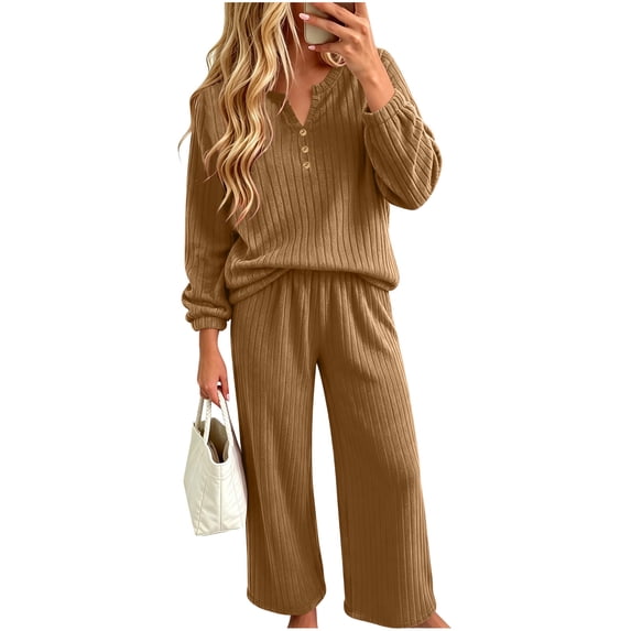 Edvintorg Lounge Sets for Women 2 Piece Pjs Fashion V Neck Long Sleeve Knit Top and Pant Ribbed Pajamas Casual Sleepwear Women Clothing