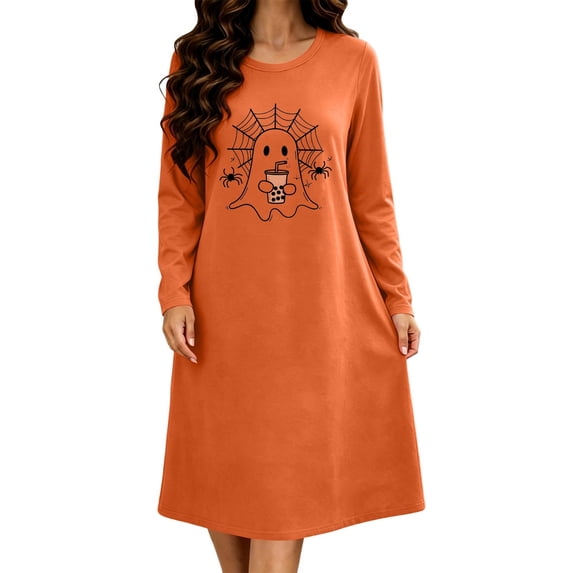 Edvintorg Lounge Wear for Women Plus Size Fashion Night Gown Halloween Printed Sleep Dress Long Sleeve Crew Neck Nightwear Womens Clothes Orange XXXXXL