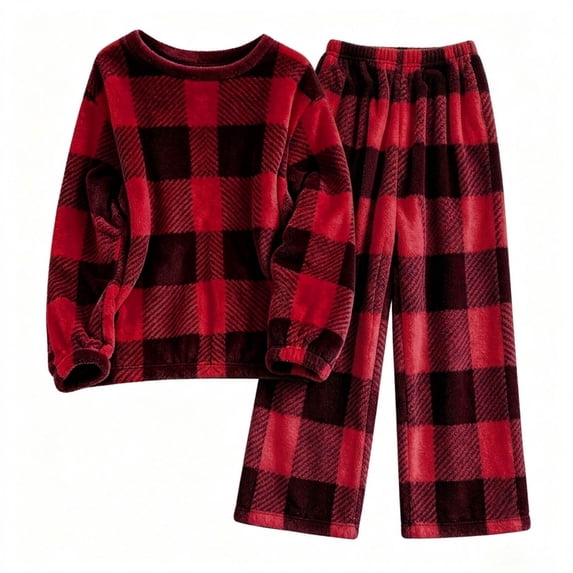 Edvintorg Loungewear Sets for Women Fleece Pajamas 2 Piece Pjs Plaid Long Sleeve Top and Pant Casual Sleepwear Women's Clothes Wine M