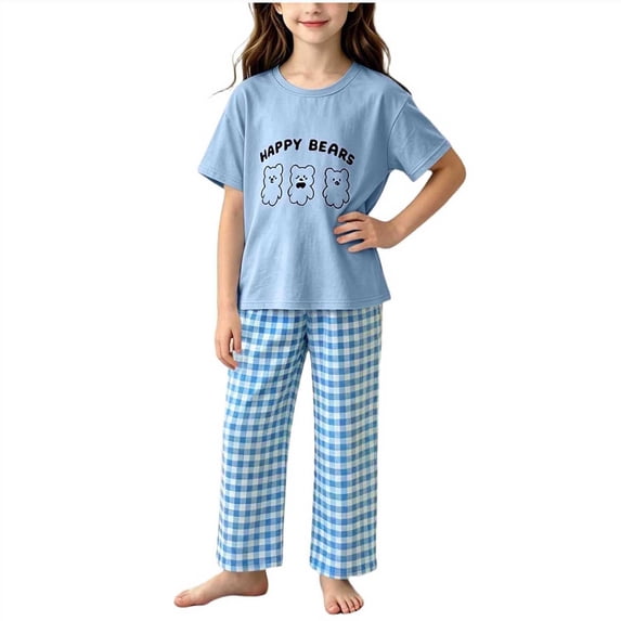 Edvintorg Loungewear for Girls Cute Printed Crew Neck Short Sleeve Loose Fit Casual Tops and Pants Size 2-15