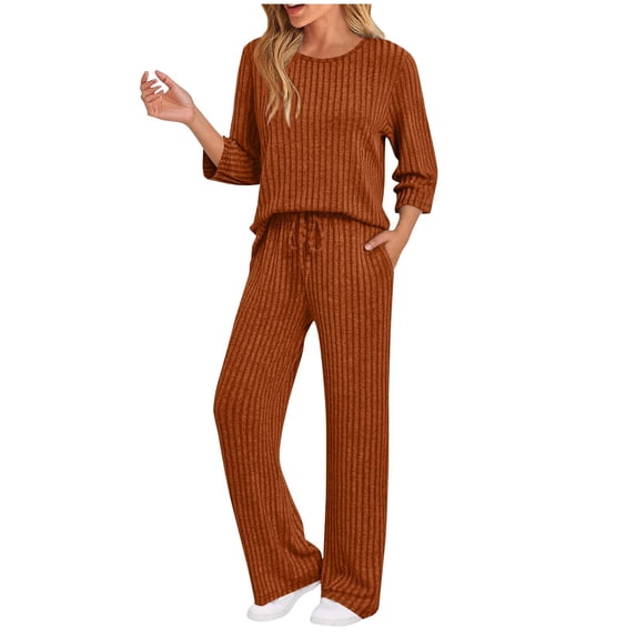 Edvintorg Matching Lounge Sets for Women Fashion Solid Color 3/4 Sleeve Tops and Pants with Pocket Fall Travel Outfits for Women