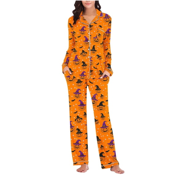 Edvintorg Matching Lounge Sets for Women Halloween Printed Comfy Sleepwear Button Down Top and Pant Casual Pajamas Plus Size Woman Clothes Orange XXL