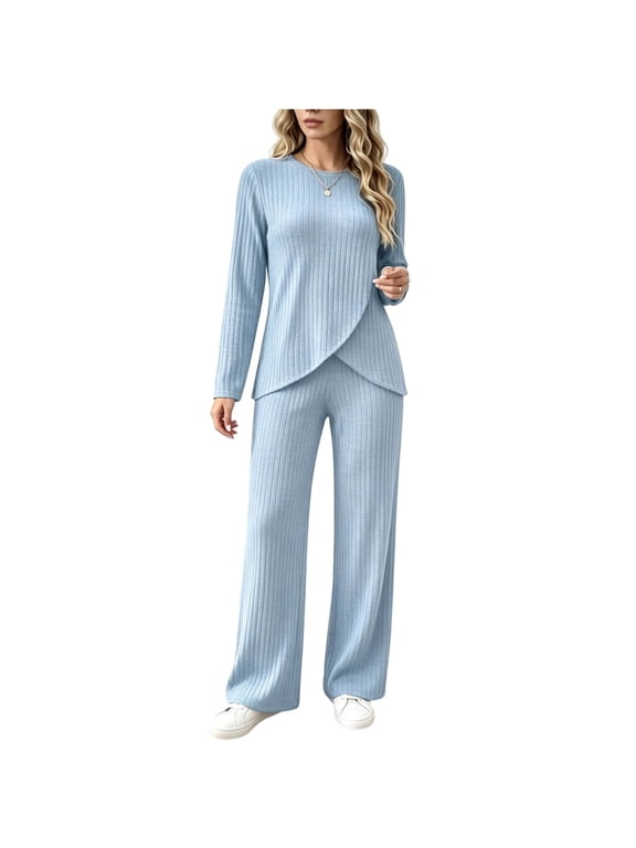 Matching Sets Women Clothing Ribbed Knit Pajamas Crew Neck Long Sleeve Top and Pant Sleepwear 2 Piece Lounge Set Women