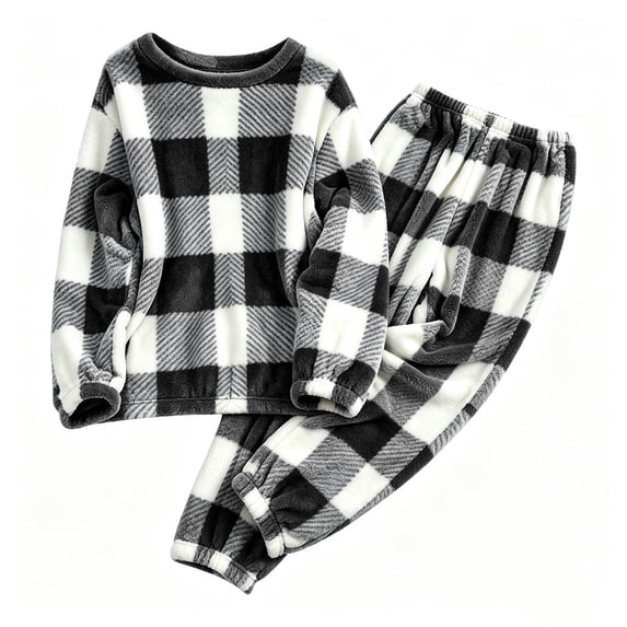 Edvintorg Matching Sets Women Plaid Loungewear 2 Piece Crew Neck Top and Cuffed Pant Long Sleeve Pajamas Loose Fleece Pjs Clothes Women Black XXL