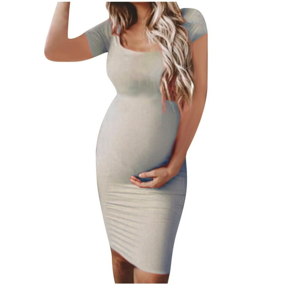 Edvintorg Maternity Bodycon Dress Women Fashion Solid Color Short Sleeve Round Neck Baby Shower Maternity Dress Workwear Pregnancy Dresses for Women Summer