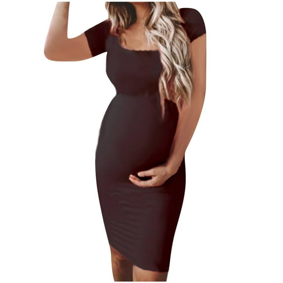 Edvintorg Maternity Bodycon Dress Women Fashion Solid Color Short Sleeve Round Neck Baby Shower Maternity Dress Workwear Pregnancy Dresses for Women Summer