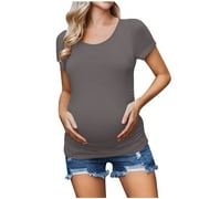Edvintorg Maternity Clothes For Women Clearance Summer Solid Color Short Sleeve Round-Neck Casual Pregnancy Shirts Tops With Wrinkles Pregnant Women Clothes