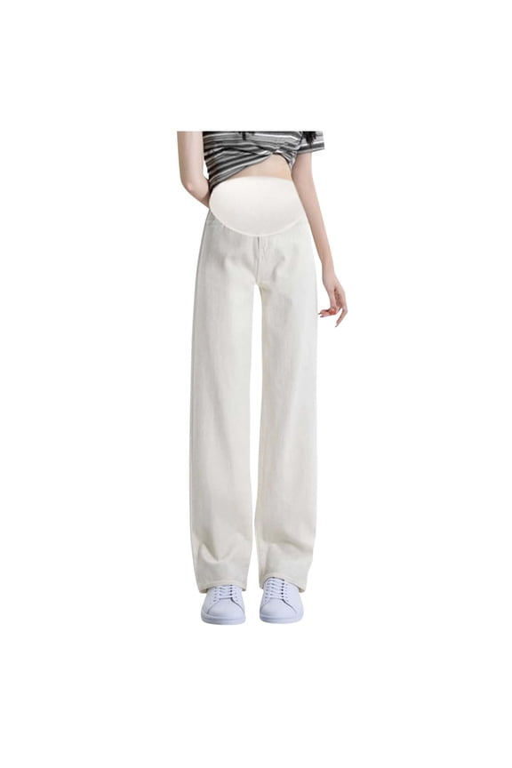 Maternity Clothes Maternity Jeans for Women Solid Straight Leg Pregnancy Pants Over The Belly Support Casual Wide Leg Pants White B XL
