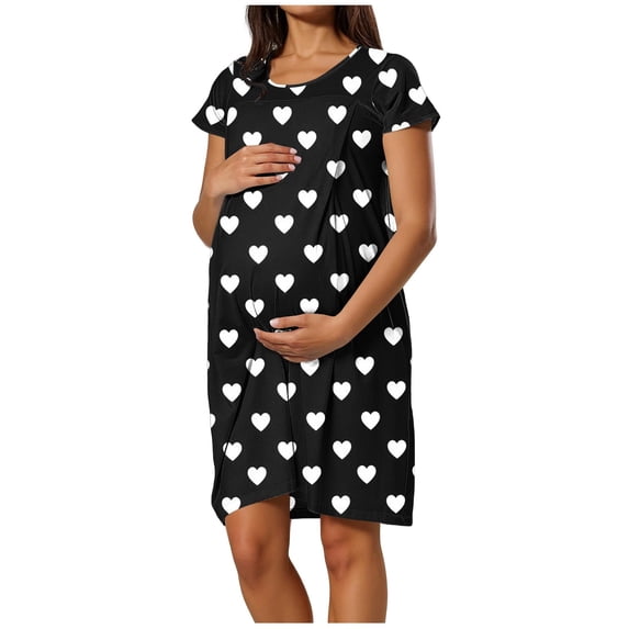 Edvintorg Maternity Clothes Women Heart Printed Short Sleeve Nursing Dress Summer Lightweight Crew Neck Pregnancy Dresses Black XXL