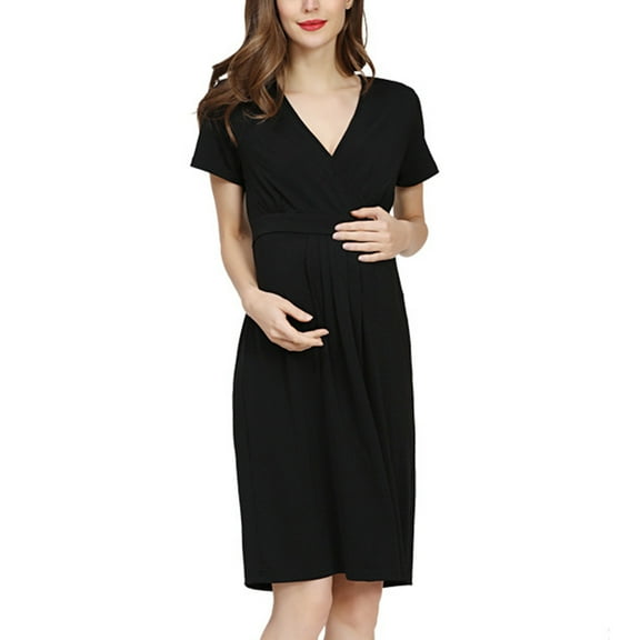 Edvintorg Maternity Clothes Women Summer Nursing Dresses Breastfeeding Plus Size Fashion Solid Color Short Sleeve V-Neck Loose Maternity Pyjamas Hospital Pregnant Pajamas Knee Length