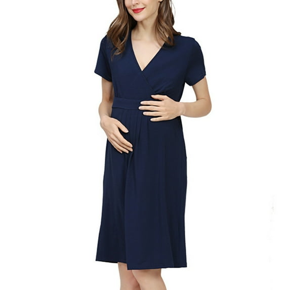 Edvintorg Maternity Clothes Women Summer Nursing Dresses Breastfeeding Plus Size Fashion Solid Color Short Sleeve V-Neck Loose Maternity Pyjamas Hospital Pregnant Pajamas Knee Length