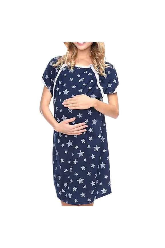 Maternity Clothes for Women Star Printed Short Sleeve Nursing Dress Hospital Gown Women Summer Pregnancy Dresses Blue L