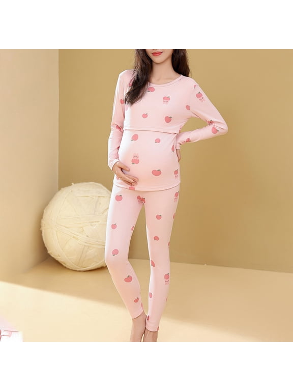 Maternity Lounge Set Fall Winter Women Cute Printing Long Sleeve Casual Blouse and Pants Maternity Pajamas Sleepwear Nursing Pajamas for Women Breastfeeding
