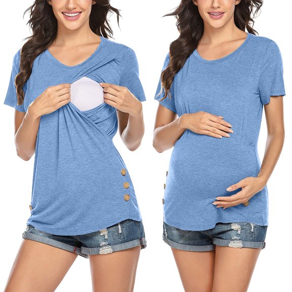Edvintorg Maternity Nursing Shirt Short Sleeve Nursing Top Women's Pregnancy Breastfeeding Tee Casual Side Ruched Pregnant Maternity T-Shirt Ropa Embarazada